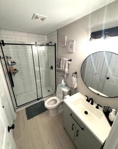 a bathroom with a shower and a toilet and a sink at The Borderland in Michigan City +16 photos