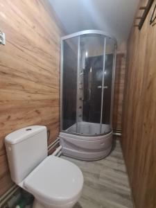 a bathroom with a toilet and a glass shower at MAZI HOUSE Jastarnia in Jastarnia +25 photos