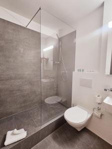 a bathroom with a shower and a toilet and a sink at Hotel Alpenstadt in Chur +45 photos