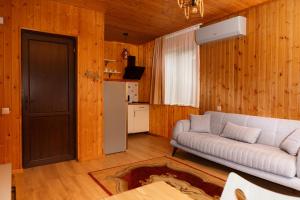 a living room with a couch and a kitchen at Sky Glass Cottage in Kʼveda Chʼkhutunetʼi