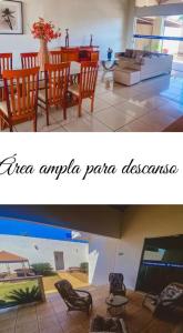 two pictures of a living room and a dining room at Pousada Pedra Branca in Corinto