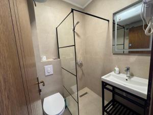 a bathroom with a shower and a toilet and a sink at Hotel Lux in Mitrovica +17 photos