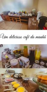 a collage of two pictures of a table with food at Pousada Pedra Branca in Corinto +4 photos