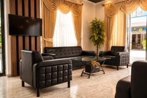 a living room with a couch and chairs and a tv at Hawaii Suite Beach Hotel in Alanya