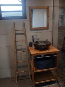 a bathroom with a sink and a ladder and a mirror at Chez Sab et chaton in Saint-Leu