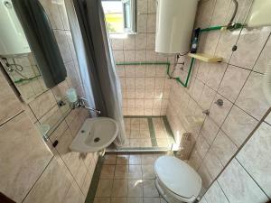 a small bathroom with a toilet and a shower at CERES APARTMENTS free parking, kitchen & wi-fi in Utjeha +76 photos
