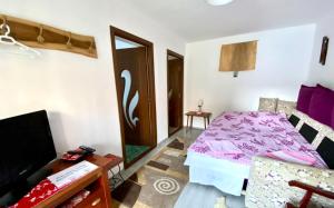 a room with a bed and a couch and a tv at Golyafeszek Vendeghaz in Sîncraiu