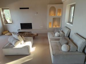 a living room with two couches and a tv at Cabana Retreat in Agia Effimia