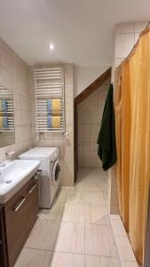 a bathroom with a sink and a washing machine at Przystań przy Krzywej in Dziwnów