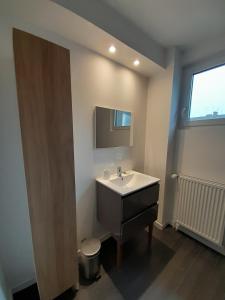 a bathroom with a sink and a mirror at loft with a garage feel in Périers