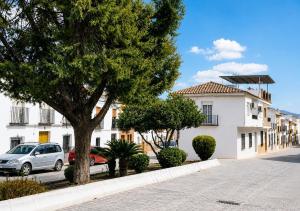 a street with a tree and a white building at Casa Arcadia Centro de Andalucía in Encinas Reales
