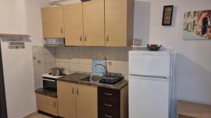 a kitchen with a white refrigerator and a sink at Val beach apartment in Nea Potidaea