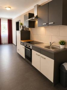 a kitchen with a sink and a stove top oven at Pension Reiter in Berlin