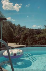 a swimming pool with a raft and a chair next to it at W zieleni in Polanica-Zdrój