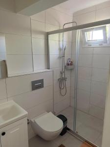 a white bathroom with a shower and a toilet at Villa Deja Blue in Karaburun