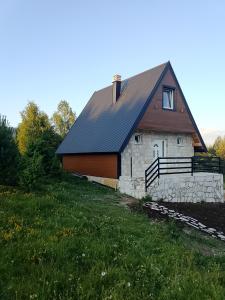 a barn with a metal roof on a field at House Vasilije in Žabljak