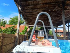 a table with a glass of wine and a bottle at Vila Seoska idila in Izvor +23 photos