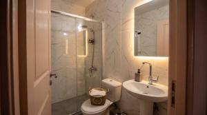 a bathroom with a toilet and a sink and a shower at Divine Studios A1 in Elafonisos