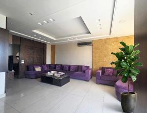 a living room with purple couches and a potted plant at New Halat, Linda in Jbeil