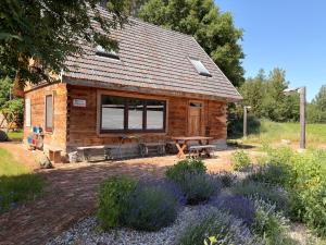 a log cabin with a picnic table in front of it at Wioska Mnicha - Dom na końcu in Knyszyn