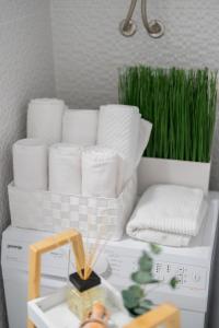 a stack of towels on top of a washing machine at Apartman Nika-Self check-in,Free Parking in Vukovar