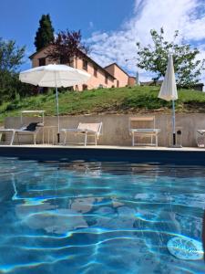 a swimming pool with chairs and an umbrella and water at Agriturismo Monterosello in Città di Castello