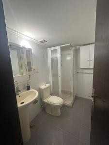 a bathroom with a toilet and a sink and a shower at Berbara, Chadi in Dayr Jannīn