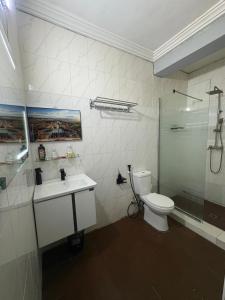 a bathroom with a toilet and a sink and a shower at Jasabi Apartments in Port Harcourt