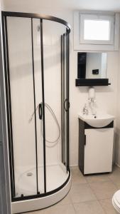 a bathroom with a shower and a sink at Domki Bliźniak in Ustka