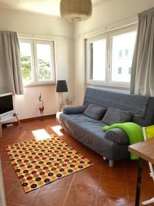 a living room with a couch and a television at Casa do Portão Azul - Tamboril in Atouguia da Baleia