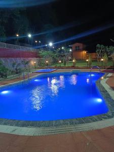 a large blue swimming pool at night at Earavat Resort in Rāmnagar +14 photos