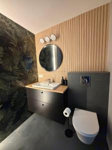 a bathroom with a sink and a toilet and a mirror at Biała Stodoła in Płoskie