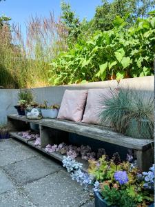 a bench with some plants and flowers on it at Studio Margriet in Bergen