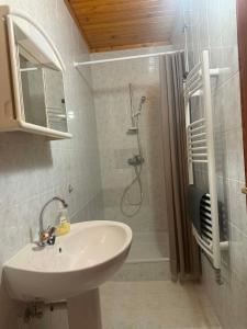 a white bathroom with a sink and a shower at Családfa Vendégház in Ságvár +37 photos