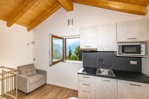 a kitchen with a sink and a microwave at Chalet Ca'Stanedi Valchiavenna in Voga