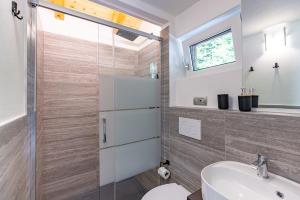 a bathroom with a shower and a toilet and a sink at Chalet Ca'Stanedi Valchiavenna in Voga +28 photos