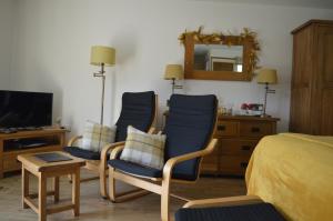 a bedroom with three chairs and a tv and a bed at Smithfield Farm Bed & Breakfast in Builth Wells