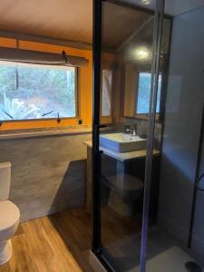 a bathroom with a sink and a toilet at Gîte les 7 saveurs in Cucugnan