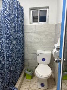 a bathroom with a toilet and a shower curtain at Casa Azul by Silvia Sàmara in Nicoya