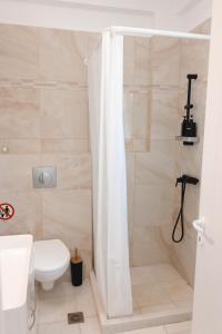 a bathroom with a shower curtain and a toilet at Orion Sea View Studio in Parasporos +21 photos