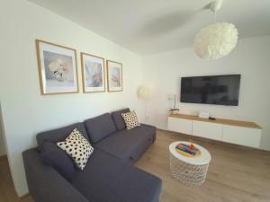 a living room with a blue couch and a tv at Rina Apartment- with barbecue and free parking in Kaštela