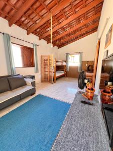 a living room with a couch and a blue rug at Chácara buriti in Pirenópolis +38 photos