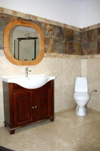 a bathroom with a sink and a mirror and a toilet at Dom w Bieszczadach 10 osobowy in Wołkowyja +27 photos