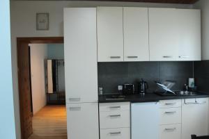 a kitchen with white cabinets and a sink at Royal Racing Suite Top 4 near Red Bull Ring in Judenburg