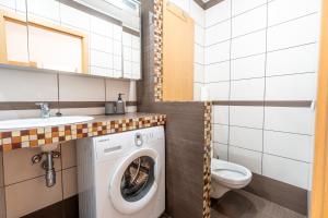 a bathroom with a washing machine and a toilet at Nesporova Apartment in Košice +14 photos
