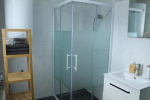 a glass shower in a bathroom with a sink at Royal Racing Suite Top 6 near Red Bull Ring in Judenburg