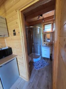a small bathroom with a shower in a tiny house at Łąkowe Zacisze - Kozin in Bogaczewo +72 photos
