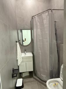 a bathroom with a sink and a shower and a toilet at Ala-Archa Mountain House in Vorontsovskoye +20 photos
