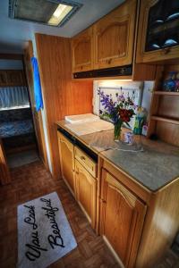 a kitchen with a counter with a vase of flowers at Lille Ro in Giskemo +18 photos
