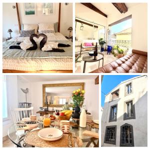 a collage of pictures of a bedroom and a living room at La Villa au Patio Suspendu by GC - Clim - Wifi in Sérignan